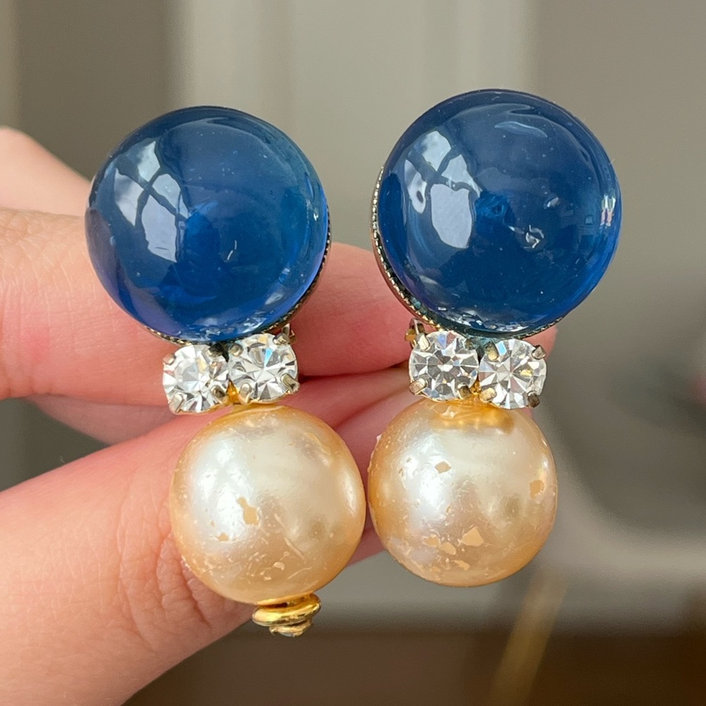 Vintage Philippe Ferrandis Blue Poured Glass Cabochon Pearl Drop Clip Earrings